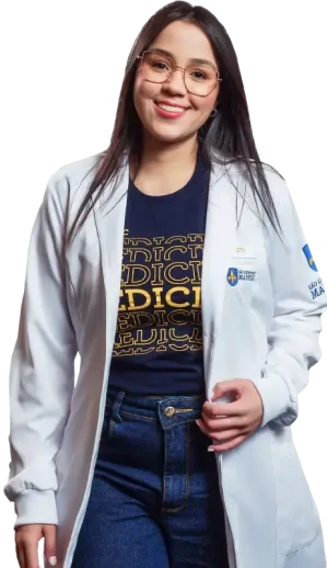 Aluna aparece em banner do processo seletivo de bolsas integrais socioeconômicas da São Leopoldo Mandic Limeira, representando oportunidade de acesso ao ensino superior.
